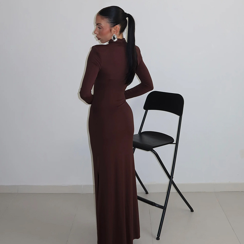 Chest Cut-Out Long Sleeve Fitted Sexy Solid Color Elegant Long Dress – Evening Gown for Date, Party & Cocktail Wear