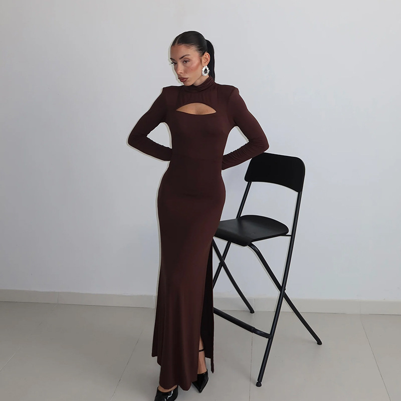 Chest Cut-Out Long Sleeve Fitted Sexy Solid Color Elegant Long Dress – Evening Gown for Date, Party & Cocktail Wear