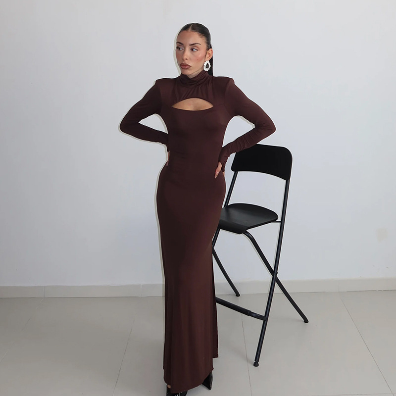 Chest Cut-Out Long Sleeve Fitted Sexy Solid Color Elegant Long Dress – Evening Gown for Date, Party & Cocktail Wear