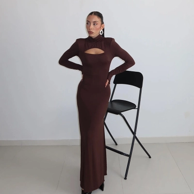 Chest Cut-Out Long Sleeve Fitted Sexy Solid Color Elegant Long Dress – Evening Gown for Date, Party & Cocktail Wear 01