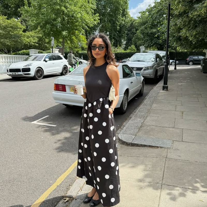 Sleeveless Cool Elegant Panel-Design Polka Dot Print Long Dress – Chic Mature Style for Office, Date & City Wear