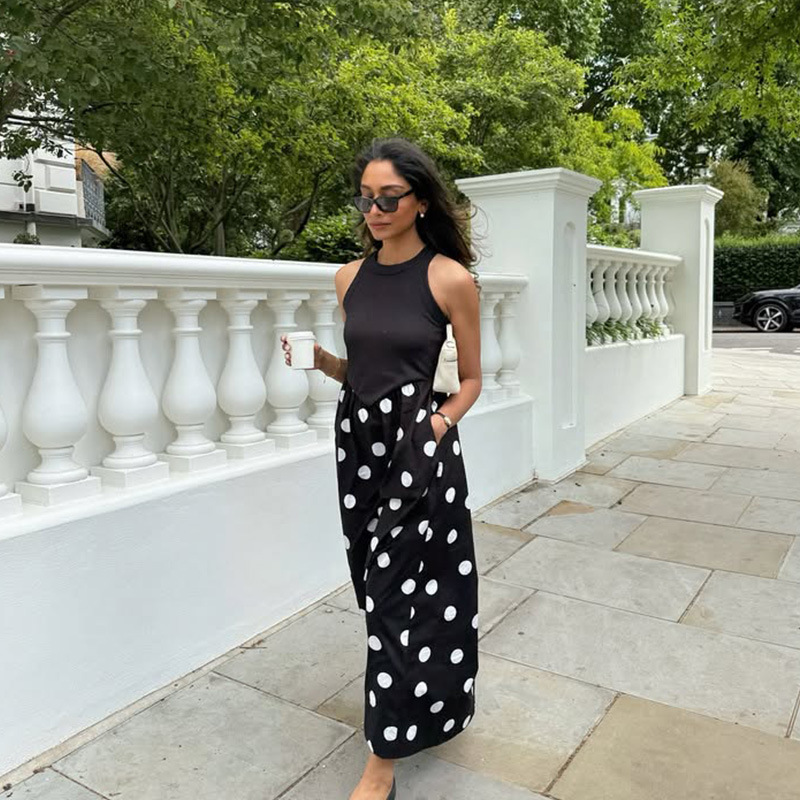 Sleeveless Cool Elegant Panel-Design Polka Dot Print Long Dress – Chic Mature Style for Office, Date & City Wear