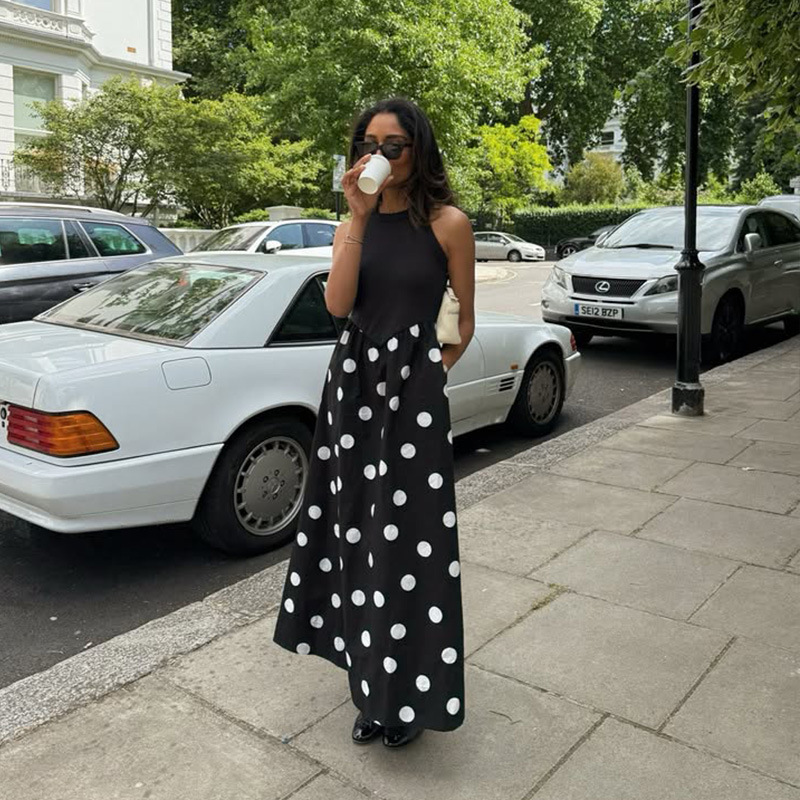 Sleeveless Cool Elegant Panel-Design Polka Dot Print Long Dress – Chic Mature Style for Office, Date & City Wear