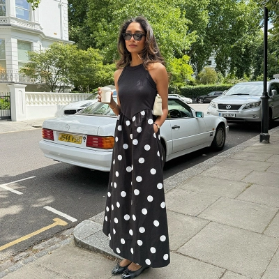 Sleeveless Cool Elegant Panel-Design Polka Dot Print Long Dress – Chic Mature Style for Office, Date & City Wear 01