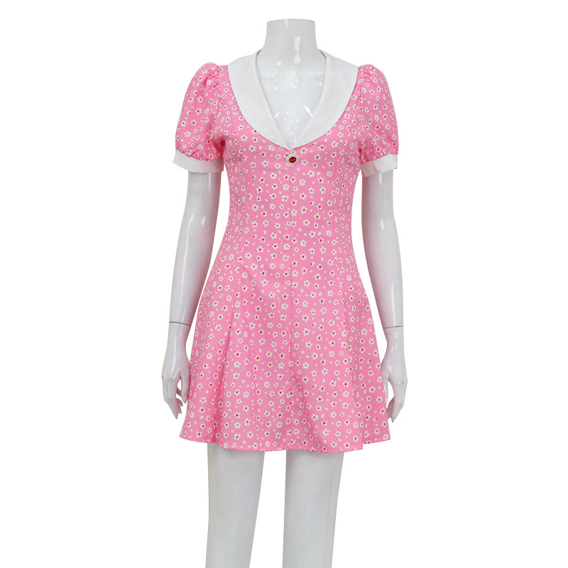 French Retro Style Collar Puff Sleeve Floral Print Sweet Mini Dress – Spring Summer Cute Dress for Date & Daily Wear