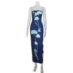 French Ladylike Strapless Floral Print High-Slit Bodycon Long Dress – Elegant Evening Gown for Party, Wedding Guest & Gala