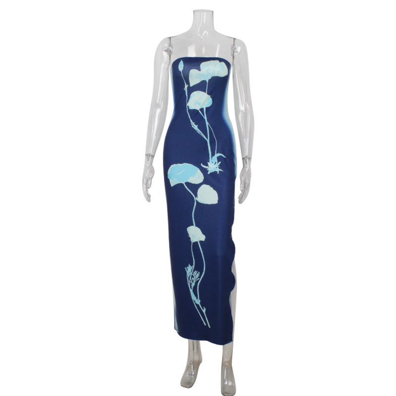 French Ladylike Strapless Floral Print High-Slit Bodycon Long Dress – Elegant Evening Gown for Party, Wedding Guest & Gala
