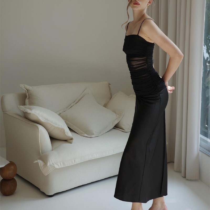 Sexy French-Inspired Mesh Panel Slip Long Dress – Bodycon Slit Maxi with Sheer Elegance for Date & Vacation