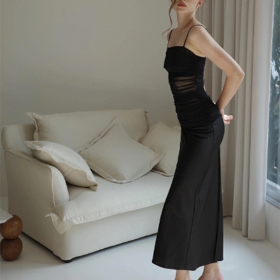Sexy French-Inspired Mesh Panel Slip Long Dress – Bodycon Slit Maxi with Sheer Elegance for Date & Vacation 02