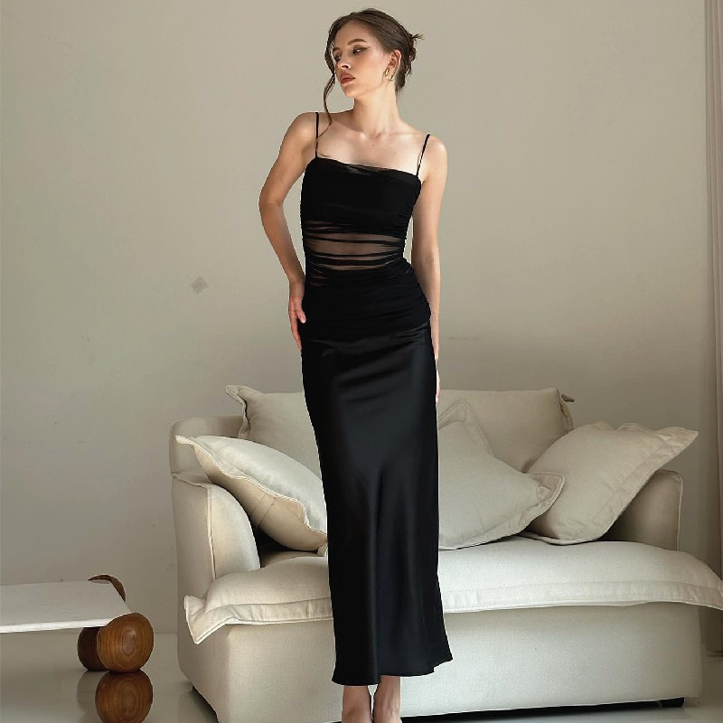 Sexy French-Inspired Mesh Panel Slip Long Dress – Bodycon Slit Maxi with Sheer Elegance for Date & Vacation