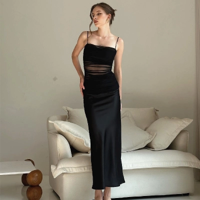 Sexy French-Inspired Mesh Panel Slip Long Dress – Bodycon Slit Maxi with Sheer Elegance for Date & Vacation 01