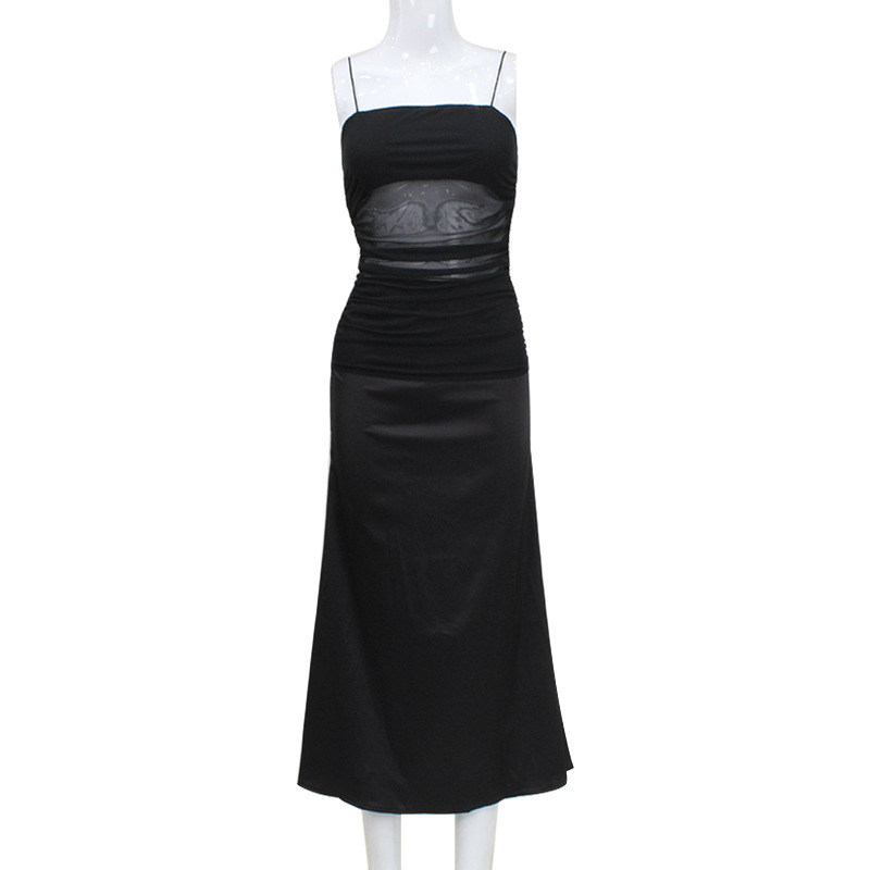 Sexy French-Inspired Mesh Panel Slip Long Dress – Bodycon Slit Maxi with Sheer Elegance for Date & Vacation