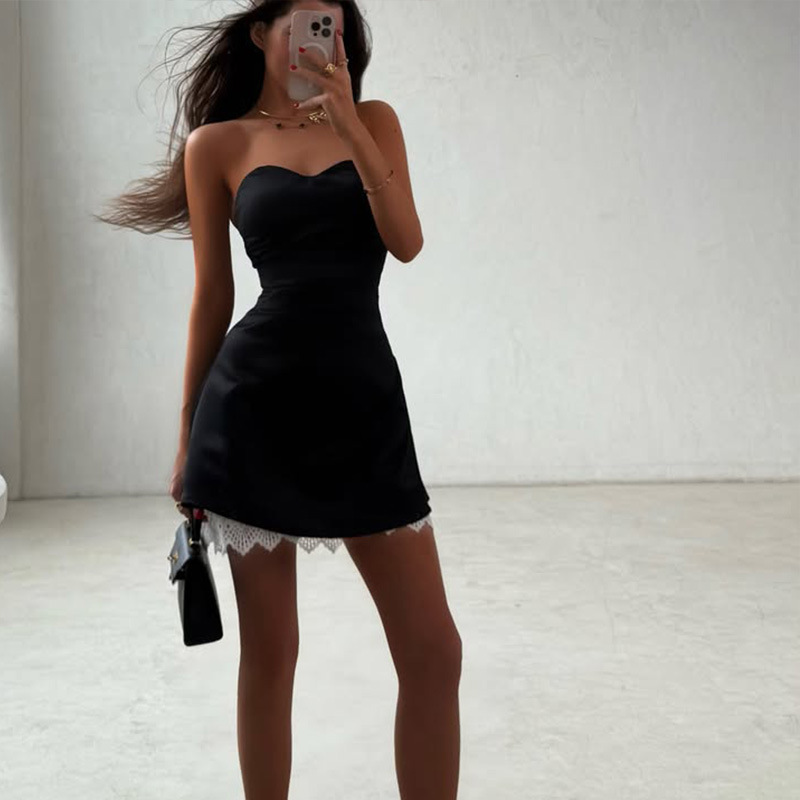 Waist-Cinching Ladylike Solid Color Luxe Lace Trim Mini Dress – Elegant Cocktail Gown for Date, Party & Wedding Guest