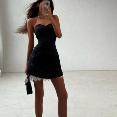 Waist-Cinching Ladylike Solid Color Luxe Lace Trim Mini Dress – Elegant Cocktail Gown for Date, Party & Wedding Guest 02