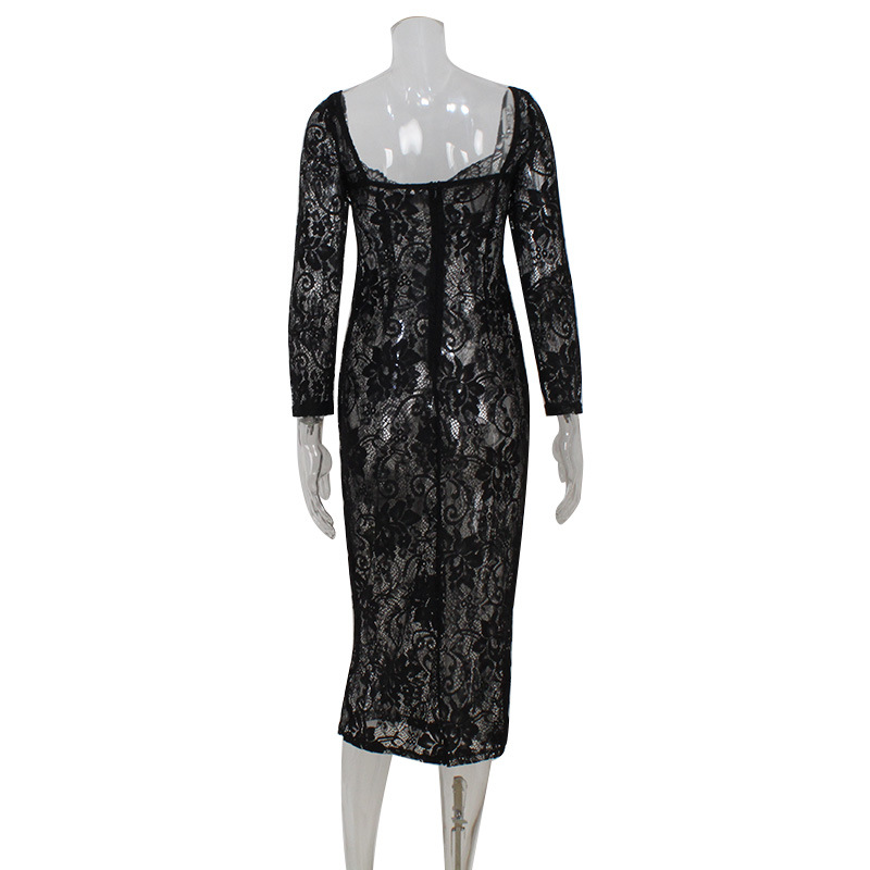 Deep V Lace Sheer Long Sleeve Bodycon Dress – Sexy欧美 Style Party Gown for Night Out & Date