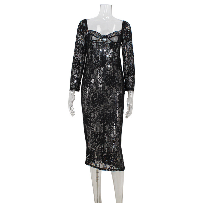 Deep V Lace Sheer Long Sleeve Bodycon Dress – Sexy欧美 Style Party Gown for Night Out & Date
