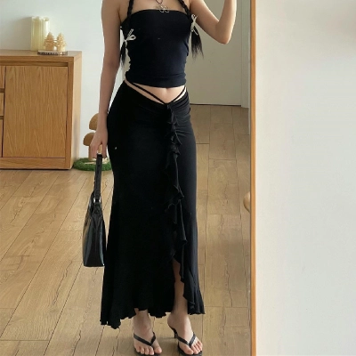 French Style Wrap Tie Side Ruffle Low-Waist Elegant Sheer Long Skirt – Flirty & Feminine Midi/Maxi Skirt for Date & Vacation Wear 02