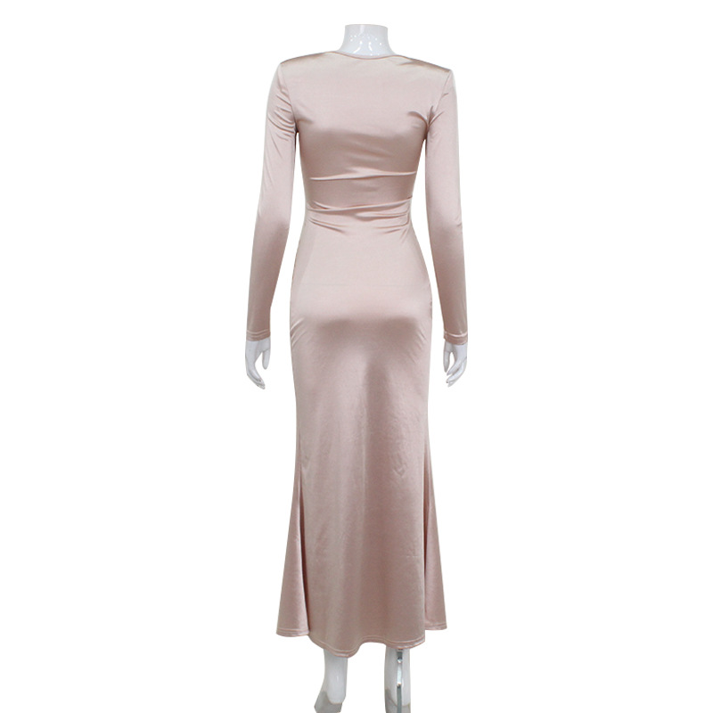 Long Sleeve Tie-Waist Slimming Elegant Ladylike Long Dress – Sophisticated Gown for Office, Date & Wedding Guest Wear