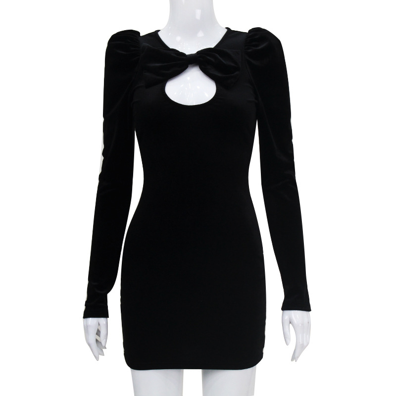 Long Sleeve Velvet Cut-Out Elegant Dress – Soft Y2K Pure-Temptation Style for Date & Tea Party
