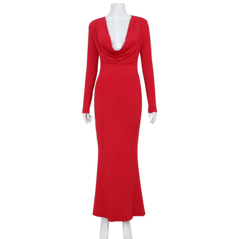 Sexy Deep V Solid Color Long Sleeve Bodycon Maxi Dress – Elegant High-Slit Gown for Evening Events & Red Carpet