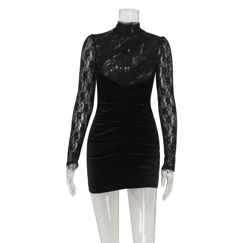 Turtleneck Long Sleeve Velvet & Lace Sheer Panel Bodycon Mini Dress – Elegant Sexy Clubwear for Winter Events