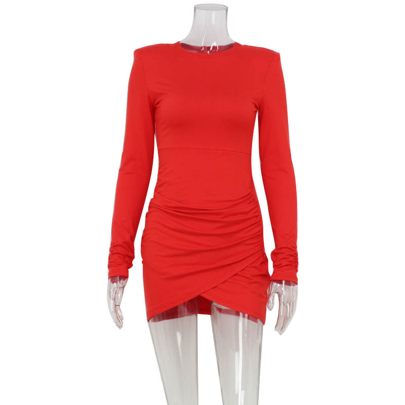 Long Sleeve French Style Elegant Bodycon Mini Dress – Ruffled Asymmetrical Hem Knit Dress for Date & Office