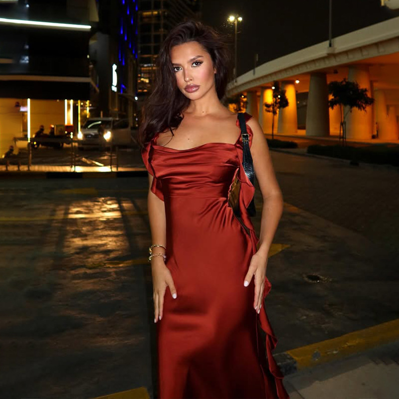 Sexy Red Satin Ruffled Wrap Bodycon Strap Dress – Elegant Femme Fatale Mini/Midi Dress for Night Events