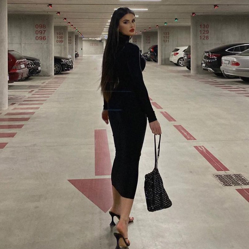 Solid Color Slim Fit Turtleneck Long Sleeve Bodycon Dress – Stretchy Tight Maxi Dress for Layering & Daily Wear