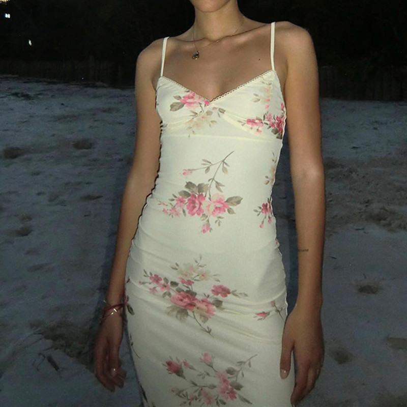 Elegant Floral Print V-Neck Bodycon Spaghetti Strap Dress, Vacation Style Beach Maxi Dress for Women