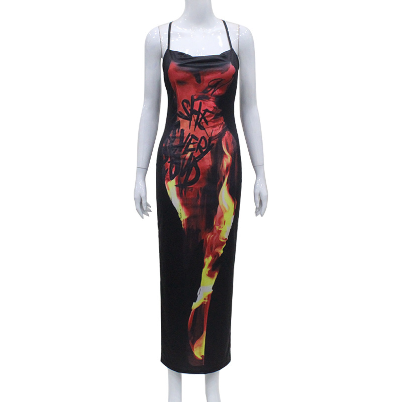 Sexy Flame Print Spaghetti Strap Dress with Side Slit & Backless Cutout, European & American Hot Girl Fashion Mini Dress