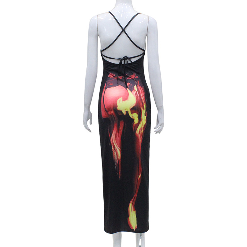 Sexy Flame Print Spaghetti Strap Dress with Side Slit & Backless Cutout, European & American Hot Girl Fashion Mini Dress