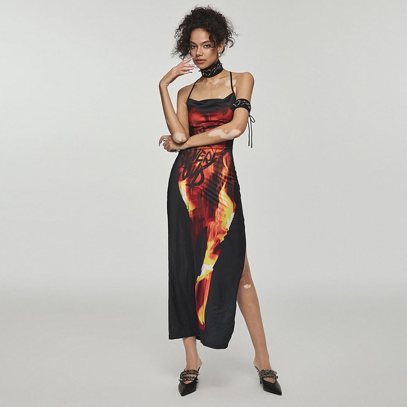 Sexy Flame Print Spaghetti Strap Dress with Side Slit & Backless Cutout, European & American Hot Girl Fashion Mini Dress