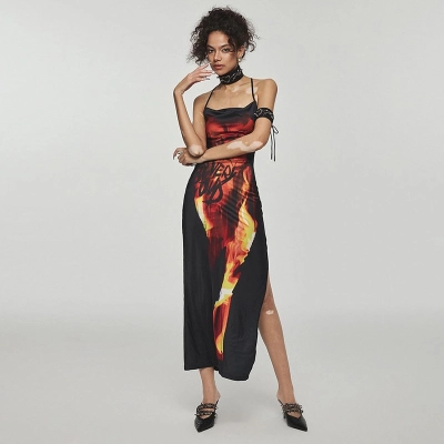 Sexy Flame Print Spaghetti Strap Dress with Side Slit & Backless Cutout, European & American Hot Girl Fashion Mini Dress 01