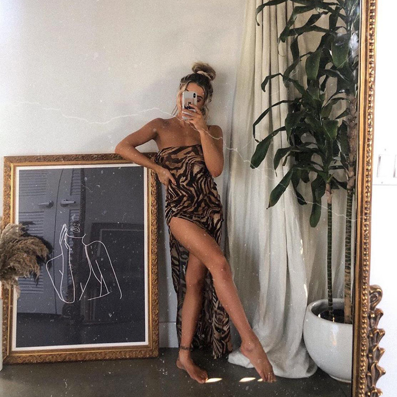 Sexy One-Shoulder Strappy Leopard Print High-Slit Bodycon Dress, Slimming & Elegant Women's Mini Dress