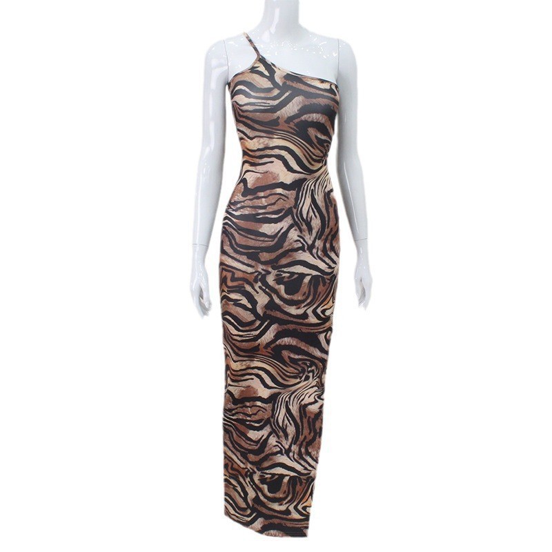 Sexy One-Shoulder Strappy Leopard Print High-Slit Bodycon Dress, Slimming & Elegant Women's Mini Dress