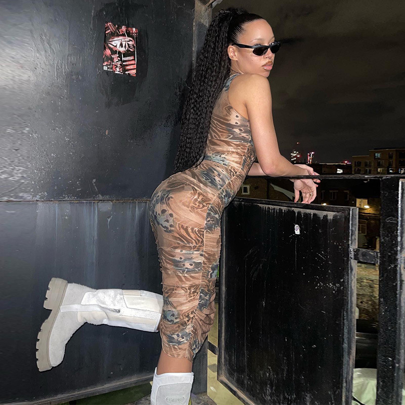 Sleeveless Printed Bodycon Dress, Slimming Beach Vacation Style Mini Dress for Women