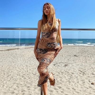 Sleeveless Printed Bodycon Dress, Slimming Beach Vacation Style Mini Dress for Women 02