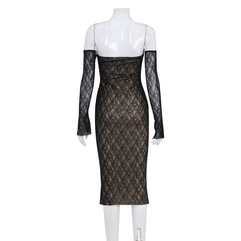 Pure & Tempting Sexy Lace Strapless Bodycon Dress with Sleeve Cuffs, Elegant Waist-Cinching Hot Girl Mini Dress