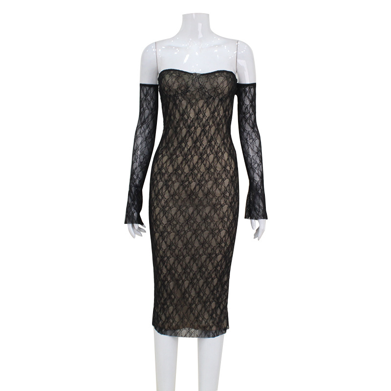 Pure & Tempting Sexy Lace Strapless Bodycon Dress with Sleeve Cuffs, Elegant Waist-Cinching Hot Girl Mini Dress