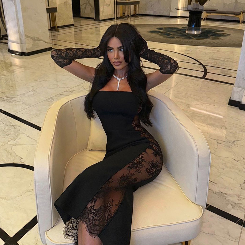 Strapless Sexy Sheer Lace-Paneled Bodycon Midi/Long Dress, Alluring Curve-Hugging Tight Dress for Women