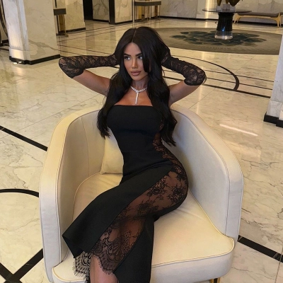 Strapless Sexy Sheer Lace-Paneled Bodycon Midi/Long Dress, Alluring Curve-Hugging Tight Dress for Women 01