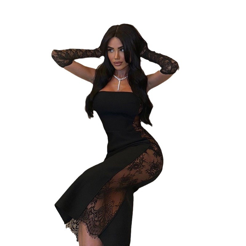 Strapless Sexy Sheer Lace-Paneled Bodycon Midi/Long Dress, Alluring Curve-Hugging Tight Dress for Women