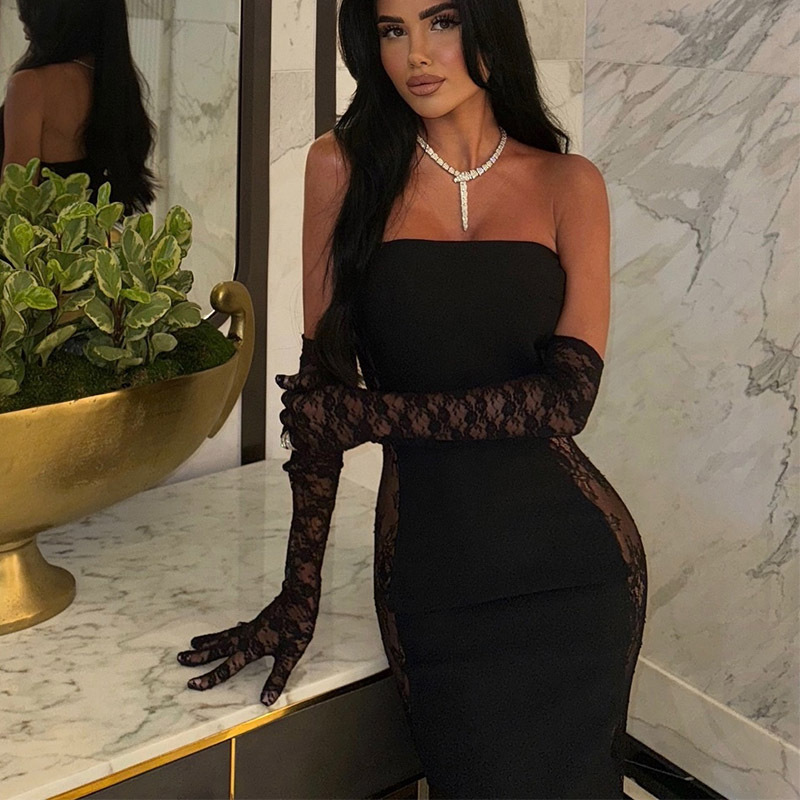 Strapless Sexy Sheer Lace-Paneled Bodycon Midi/Long Dress, Alluring Curve-Hugging Tight Dress for Women