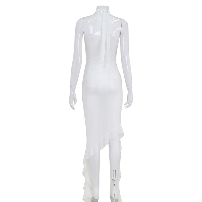 Strapless Sexy Ruffle-Trimmed Mesh Skirt Bodycon Midi Dress for Women, No Flouncing Skirt Hem, Elegant Sheer Chiffon Overlay