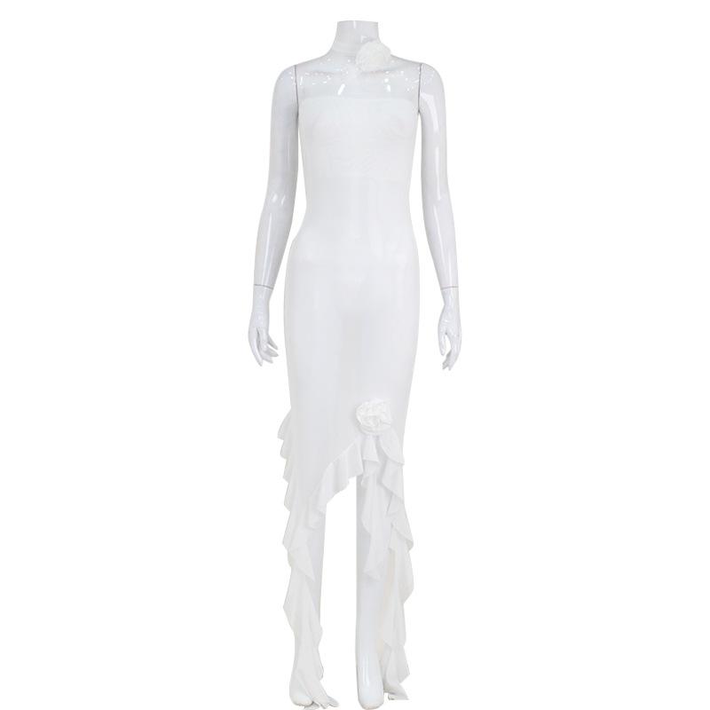 Strapless Sexy Ruffle-Trimmed Mesh Skirt Bodycon Midi Dress for Women, No Flouncing Skirt Hem, Elegant Sheer Chiffon Overlay