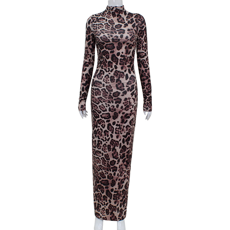 Turtleneck Long Sleeve Leopard Print Bodycon Midi Dress, Sexy Slim Fit European & American Fashion Curve-Hugging Dress for Women