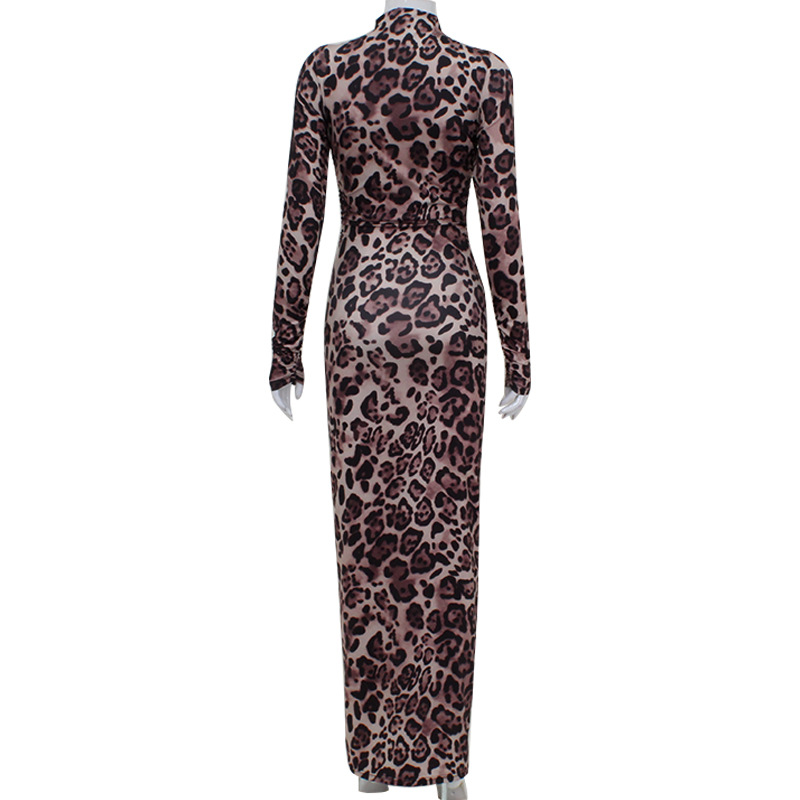 Turtleneck Long Sleeve Leopard Print Bodycon Midi Dress, Sexy Slim Fit European & American Fashion Curve-Hugging Dress for Women