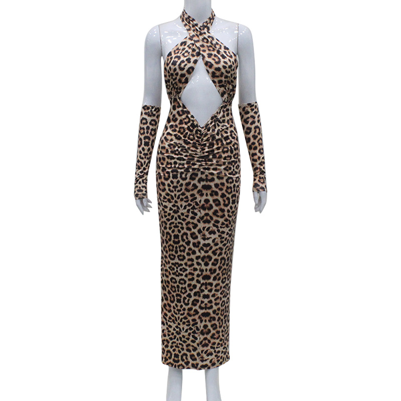  Leopard Print Crisscross Cutout Tie Backless High-Waisted Hot Girl Bodycon Dress