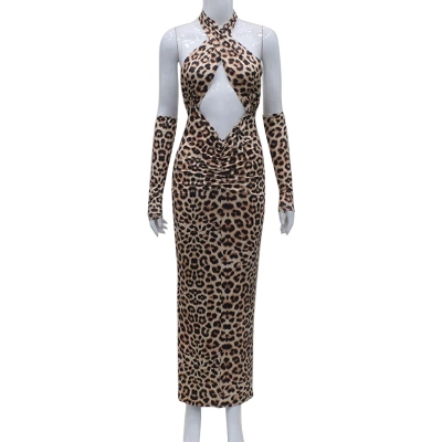 Leopard Print Crisscross Cutout Tie Backless High-Waisted Hot Girl Bodycon Dress 01