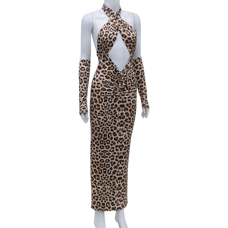  Leopard Print Crisscross Cutout Tie Backless High-Waisted Hot Girl Bodycon Dress